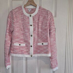 J Crew Factory Pink White Cardigan Sweater Lady Jacket Gold Buttons M